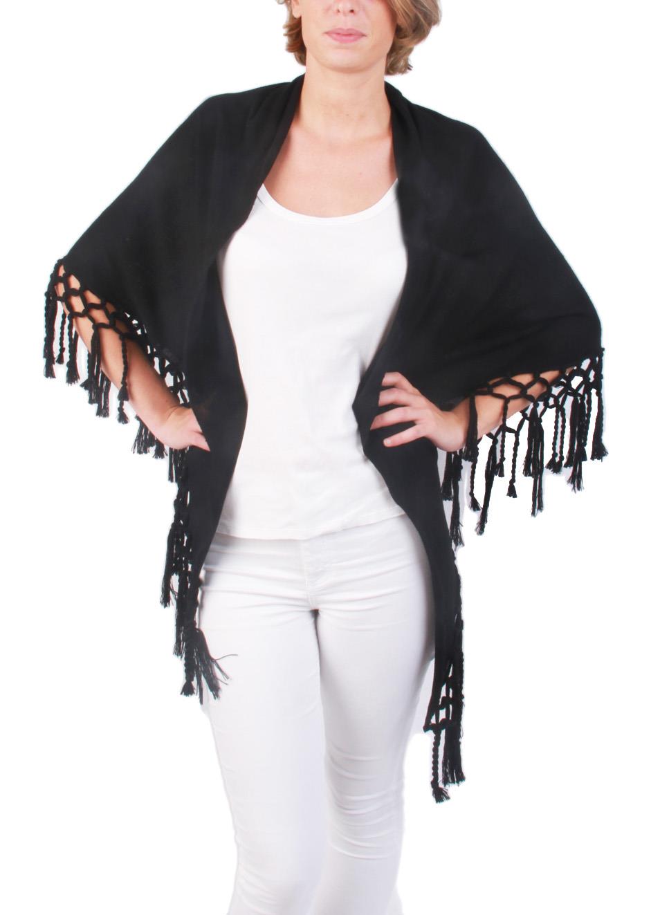 Scialle artigianale con frange in lana nero Art Tricot Manecapri