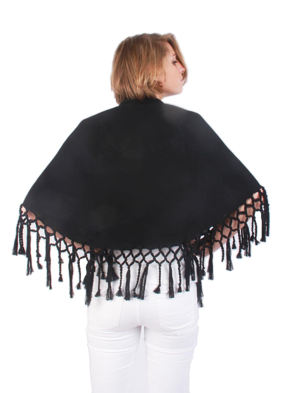 Scialle artigianale con frange in lana nero Art Tricot Manecapri