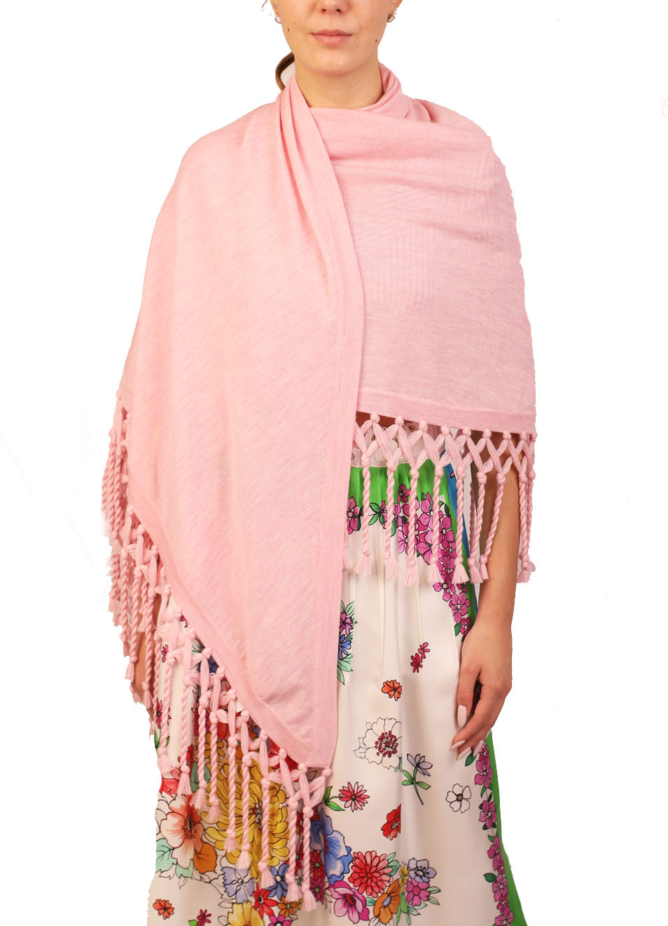 Scialle rosa con frange lunghe Art Tricot Manecapri