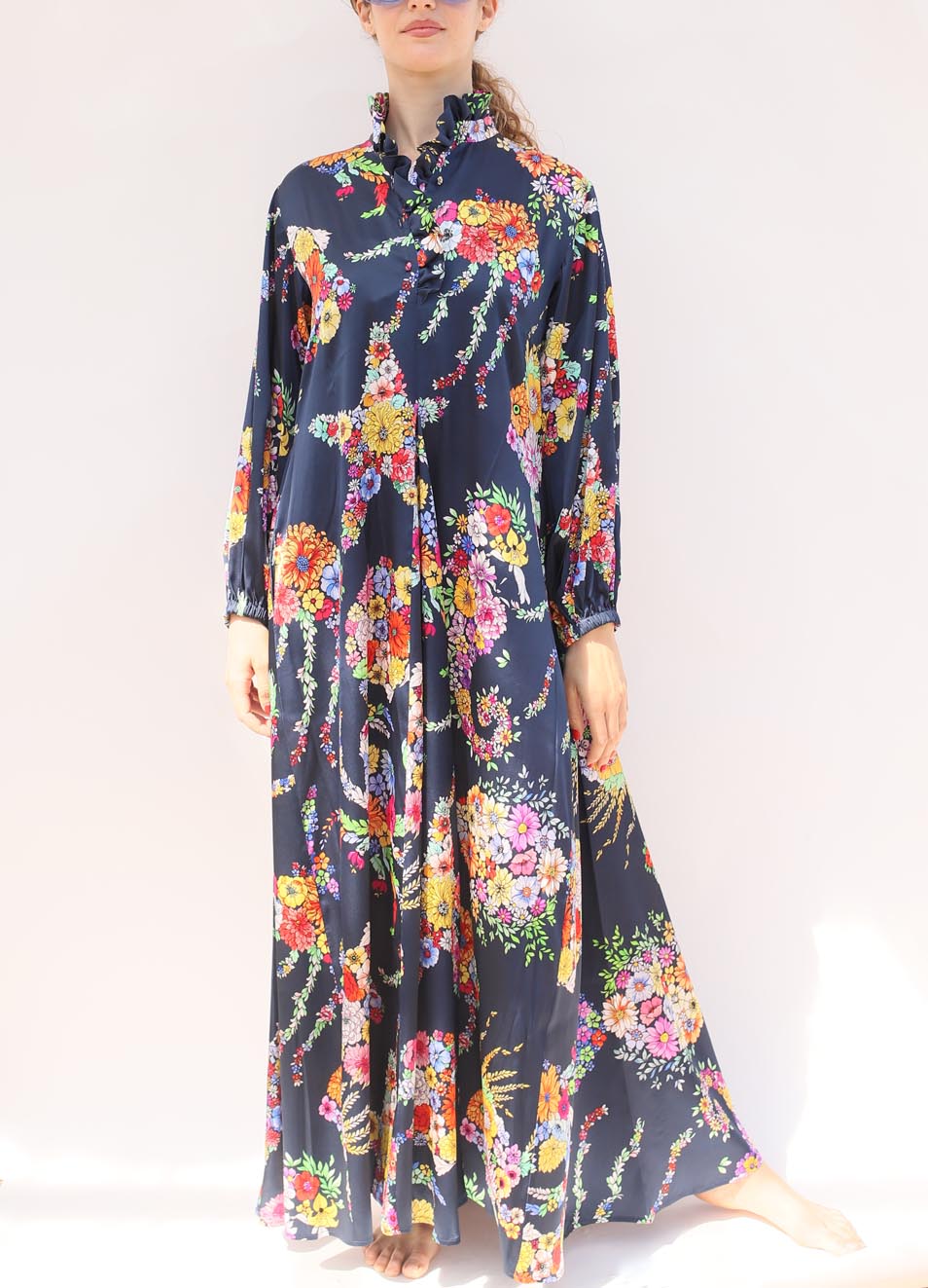 Vestito lungo in seta blu con fantasia fiori Laboratorio Capri