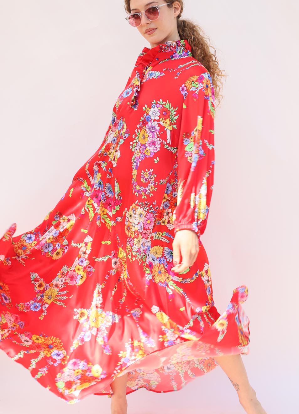 Georgette Abito Seta Fiori Vestito Lungo In Seta Rossa Con