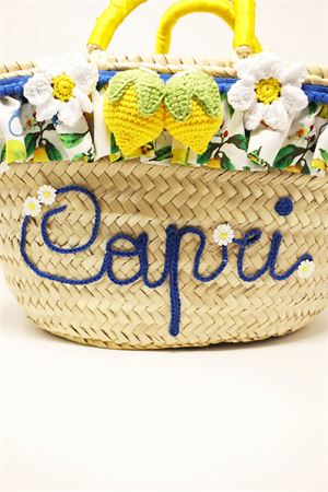 straw basket with crochet lemons and flowers Capridea | CESTACAPRILEMONSGIALLO